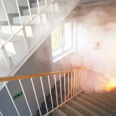 Brandschutz im Treppenhaus eines Mehrfamilienhauses in Bayern: Rauch und Flammen breiten sich aus. Ein Feuerlöscher hängt bereit.