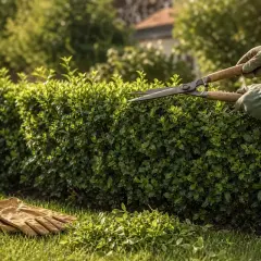Hände mit Handschuhen trimmen eine grüne Hecke mit einer Schere. Handschuhe liegen auf dem Rasen. Hecke schneiden bei Hitze.