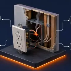 Ein Kabelbrand kann lange unbemerkt bleiben, bis es zu Rauch und Hitze kommt. Warnsymbole, Thermometer und Sicherungskasten zeigen Gefahren an.