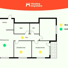 Grundriss einer Wohnung mit Markierungen für den Feuermelder. Ein grüner Punkt im Wohnzimmer zeigt erhöhten Schutz, gelbe Punkte im Flur, Schlaf- und Kinderzimmer zeigen Mindestschutz.