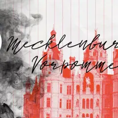 Rauchmelder Pflicht MV: Ein Haus-Symbol mit Paragrafen und Rauch vor dem Schloss Schwerin. Sicherheit geht vor!