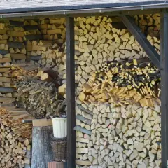 Ein Holzunterstand bauen: Gestapeltes Brennholz wartet unter einem Dach. Daneben eine Garage und grüne Büsche.