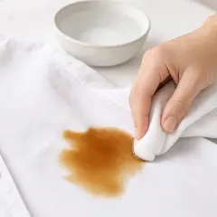 Hand tupft Kaffeeflecken auf einem weißen T-Shirt mit einem feuchten Tuch ab.