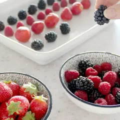 Frische Beeren, darunter Brombeeren, werden für das Einfrieren vorbereitet. Eine Hand hält eine Brombeere.