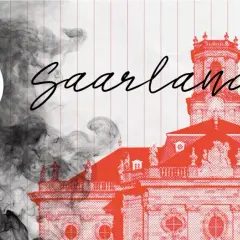 Rauchmelderpflicht Saarland: Haus mit Paragrafen-Symbol und Rauch, im Hintergrund das Saarland-Gebäude.