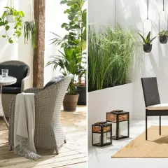 Eine schmale Terrasse gestalten: Gemütliche Sitzmöbel, Hängepflanzen und Laternen schaffen eine einladende Atmosphäre.