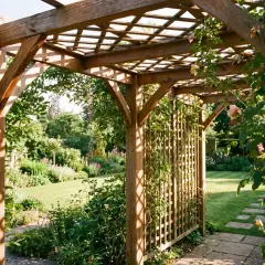 Ein selbstgebauter Holzpavillon mit Kletterrosen und Glyzinien, der einen Blick auf einen blühenden Garten freigibt.