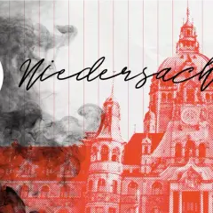 Rauchmelder-Pflicht in Niedersachsen: Ein Haus-Symbol mit Paragrafen und Rauch vor dem Schriftzug "Niedersachsen" und einem Gebäude.