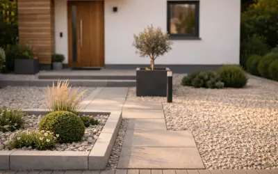 Moderne kleine Vorgarten Ideen: Kieswege, geometrische Beete mit Buchsbaum und Ziergras, ein Olivenbaum im Kubus vor dem Haus.