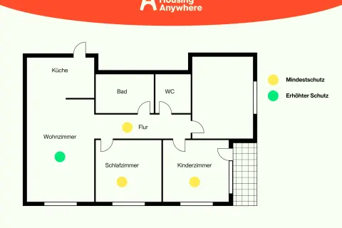 Grundriss einer Wohnung mit Markierungen für den Feuermelder. Ein grüner Punkt im Wohnzimmer zeigt erhöhten Schutz, gelbe Punkte im Flur, Schlaf- und Kinderzimmer zeigen Mindestschutz.