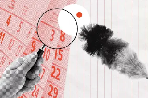 Kalenderblatt mit Lupe und Staubwedel. Regelmäßige Rauchmelder Wartung ist wichtig für Ihre Sicherheit.