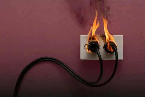 Steckdose brennt! Was tun? Zwei Kabel stecken in einer brennenden Steckdose. Rauch steigt auf. Sofort Strom abschalten!