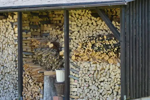 Ein Holzunterstand bauen: Gestapeltes Brennholz wartet unter einem Dach. Daneben eine Garage und grüne Büsche.