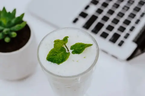 Erfrischender Drink mit Minze, ideal zum Minze einfrieren für später. Daneben eine kleine Pflanze und ein Laptop.