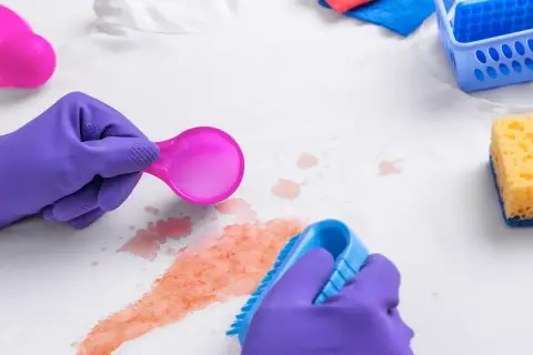 Lila Handschuhe behandeln Kirschsaftflecken auf weißem Stoff mit einer Bürste und einem Reinigungsmittel.