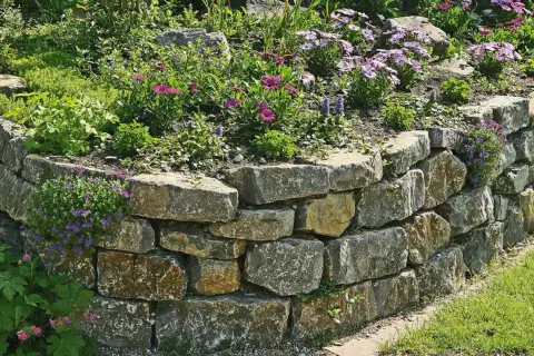 Eine stabile Trockenmauer mit bunten Blumen und grünen Pflanzen, die sich harmonisch in den Garten einfügt.