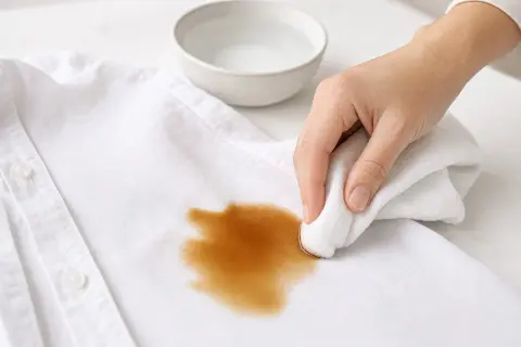 Hand tupft Kaffeeflecken auf einem weißen T-Shirt mit einem feuchten Tuch ab.