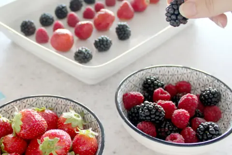 Frische Beeren, darunter Brombeeren, werden für das Einfrieren vorbereitet. Eine Hand hält eine Brombeere.