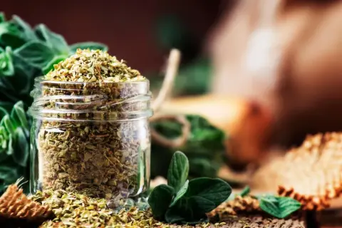 Ein Glas mit getrocknetem Oregano, daneben frische Zweige. Perfekt für die Küche, um Speisen zu würzen.