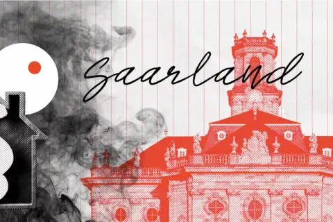 Rauchmelderpflicht Saarland: Haus mit Paragrafen-Symbol und Rauch, im Hintergrund das Saarland-Gebäude.
