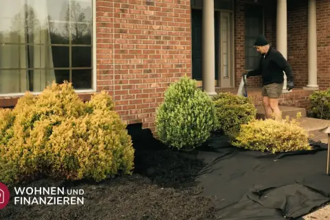 Mann legt Vlies aus, um den Vorgarten zu gestalten. Neue Pflanzen und Mulch werden vorbereitet.