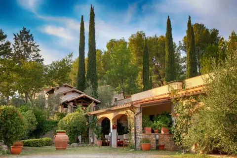 Idyllische mediterrane gartengestaltung mit Zypressen, Olivenbäumen und einem Steingebäude.
