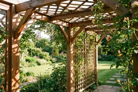 Ein selbstgebauter Holzpavillon mit Kletterrosen und Glyzinien, der einen Blick auf einen blühenden Garten freigibt.
