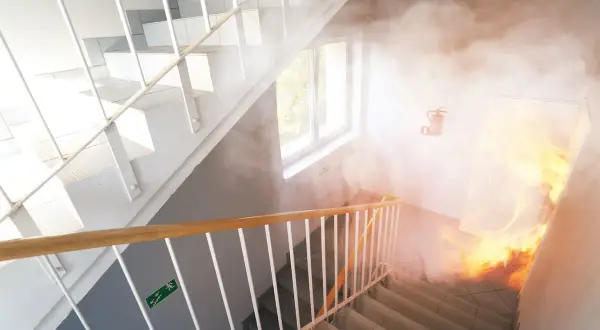 Brandschutz im Treppenhaus eines Mehrfamilienhauses in Bayern: Rauch und Flammen breiten sich aus. Ein Feuerlöscher hängt bereit.