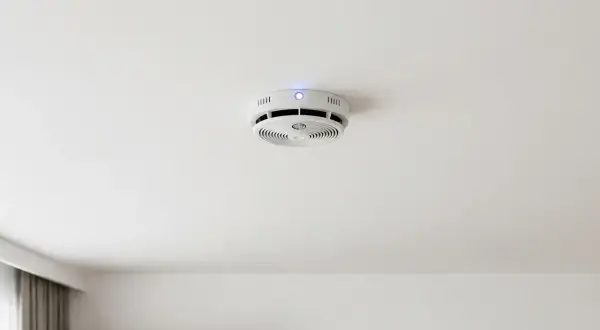 Ein weißer Hekatron Rauchmelder mit blauer LED piept ohne Grund an der Decke.