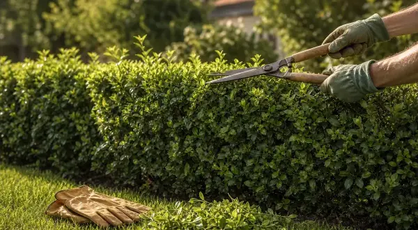 Hände mit Handschuhen trimmen eine grüne Hecke mit einer Schere. Handschuhe liegen auf dem Rasen. Hecke schneiden bei Hitze.