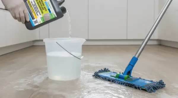 Reinigungsmittel wird in Eimer gegossen, um flecken auf steinfliesen zu entfernen. Ein Mopp liegt bereit.