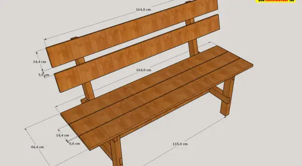Bauplan für eine stabile Holzbank. Maße für Sitzfläche und Rückenlehne sind angegeben. Ideal, wenn Sie eine Holzbank selber bauen möchten.