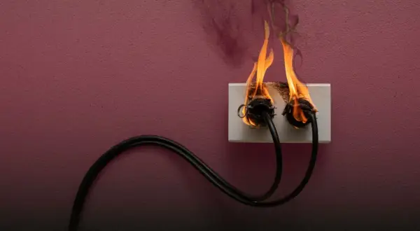 Steckdose brennt! Was tun? Zwei Kabel stecken in einer brennenden Steckdose. Rauch steigt auf. Sofort Strom abschalten!