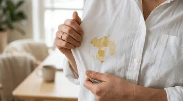 Eine Person zeigt einen gelblichen Fleck auf einem weißen Hemd, der aussieht wie **Tinte aus Kleidung**.