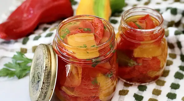 Zwei Gläser mit eingelegter Paprika, daneben frische rote, gelbe und grüne Paprika. Perfekt zum Paprika einkochen.