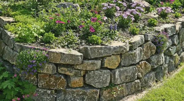 Eine stabile Trockenmauer mit bunten Blumen und grünen Pflanzen, die sich harmonisch in den Garten einfügt.