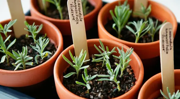 Kleine Lavendelpflanzen in Terrakotta-Töpfen, bereit zum Auspflanzen. So kann man Lavendel vermehren.