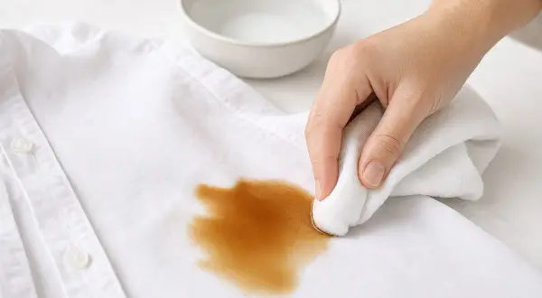 Hand tupft Kaffeeflecken auf einem weißen T-Shirt mit einem feuchten Tuch ab.