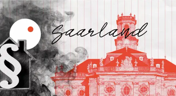 Rauchmelderpflicht Saarland: Haus mit Paragrafen-Symbol und Rauch, im Hintergrund das Saarland-Gebäude.
