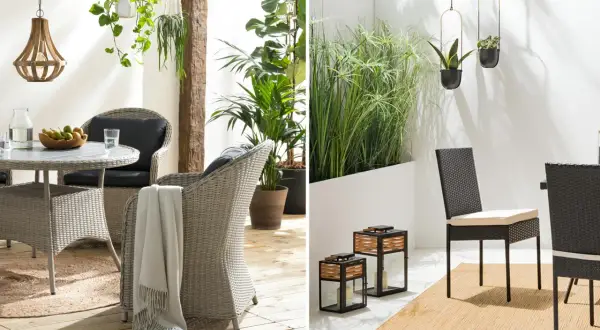 Eine schmale Terrasse gestalten: Gemütliche Sitzmöbel, Hängepflanzen und Laternen schaffen eine einladende Atmosphäre.
