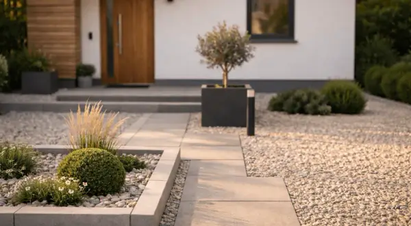 Moderne kleine Vorgarten Ideen: Kieswege, geometrische Beete mit Buchsbaum und Ziergras, ein Olivenbaum im Kubus vor dem Haus.