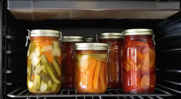 Sechs Gläser mit eingelegtem Gemüse, darunter Gurken und Paprika, stehen auf einem Rost im Backofen. Das ist eine Methode zum **einwecken im Backofen**.