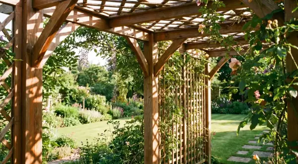 Ein selbstgebauter Holzpavillon mit Kletterrosen und Glyzinien, der einen Blick auf einen blühenden Garten freigibt.
