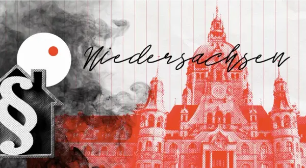 Rauchmelder-Pflicht in Niedersachsen: Ein Haus-Symbol mit Paragrafen und Rauch vor dem Schriftzug "Niedersachsen" und einem Gebäude.