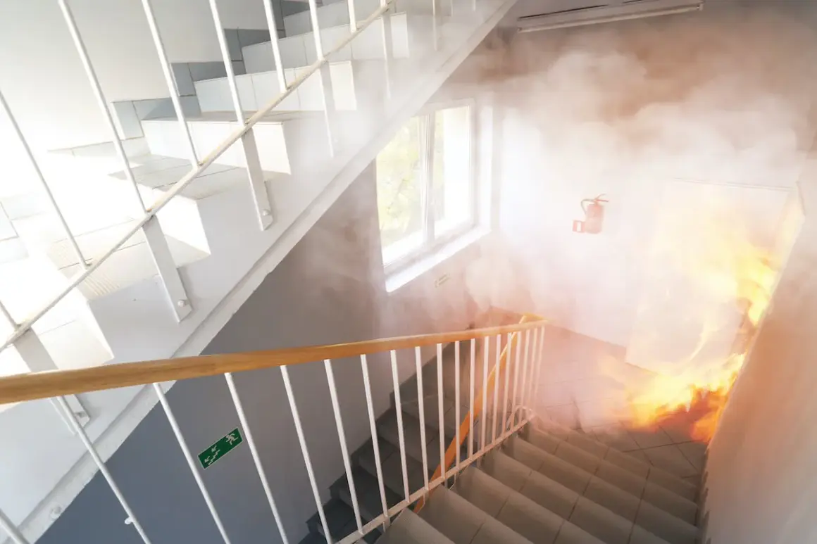 Brandschutz im Treppenhaus eines Mehrfamilienhauses in Bayern: Rauch und Flammen breiten sich aus. Ein Feuerlöscher hängt bereit.