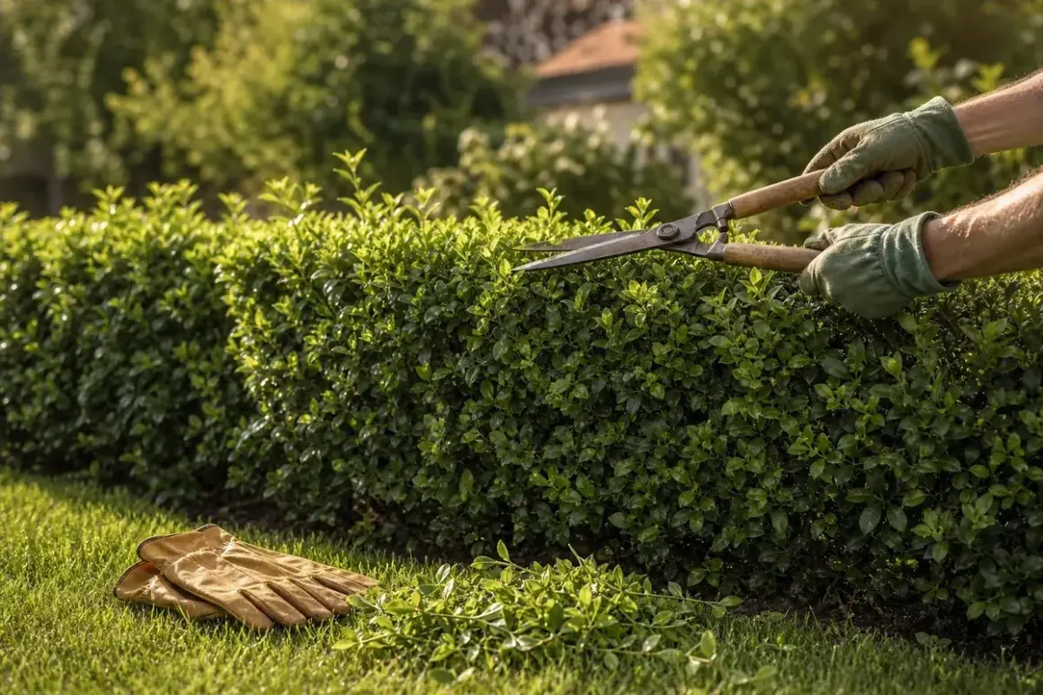 Hände mit Handschuhen trimmen eine grüne Hecke mit einer Schere. Handschuhe liegen auf dem Rasen. Hecke schneiden bei Hitze.