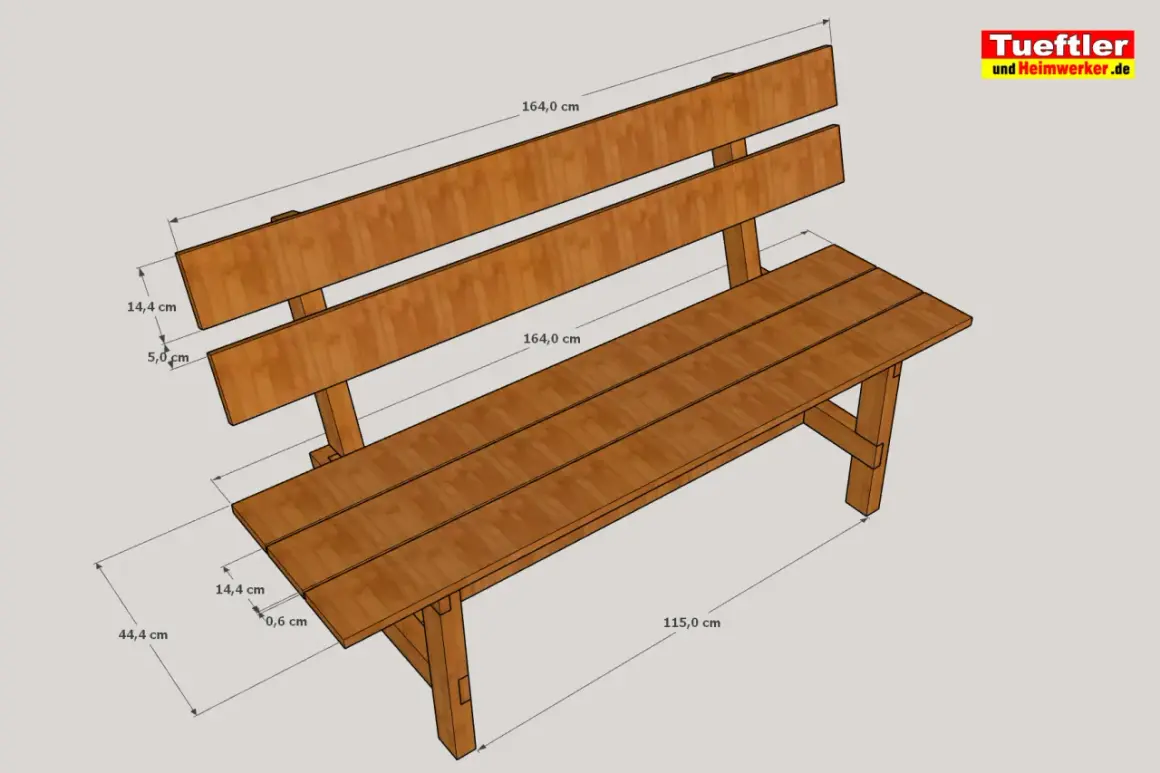 Bauplan für eine stabile Holzbank. Maße für Sitzfläche und Rückenlehne sind angegeben. Ideal, wenn Sie eine Holzbank selber bauen möchten.