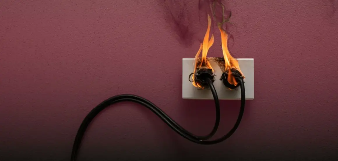 Steckdose brennt! Was tun? Zwei Kabel stecken in einer brennenden Steckdose. Rauch steigt auf. Sofort Strom abschalten!