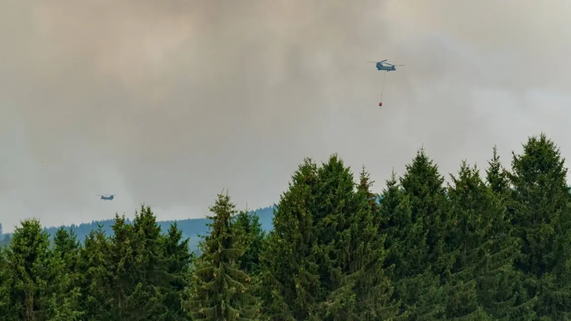 Helikopter bekämpft Waldbrand. Giftiger Rauch steigt auf, der Geruch nach Brand liegt in der Luft.