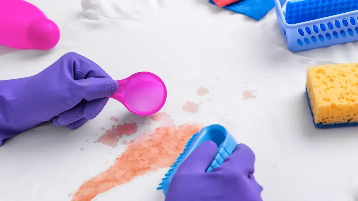 Lila Handschuhe behandeln Kirschsaftflecken auf weißem Stoff mit einer Bürste und einem Reinigungsmittel.